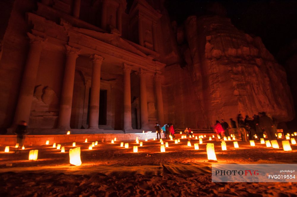 Al Khazneh or the Treasury in the ancient city of Petra by night, Jordan