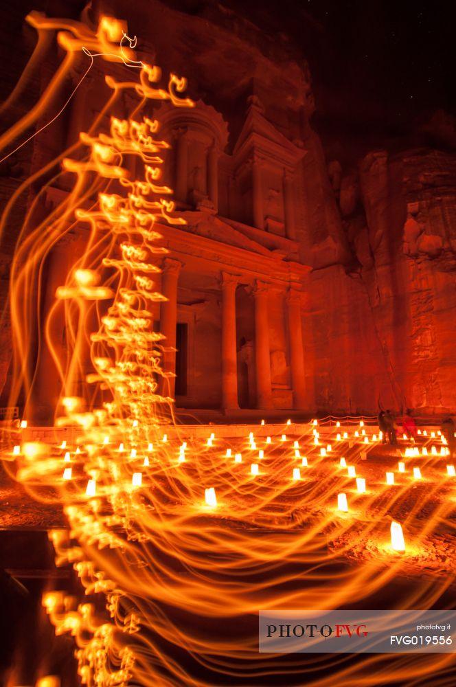 Al Khazneh or the Treasury in the ancient city of Petra by night, Jordan