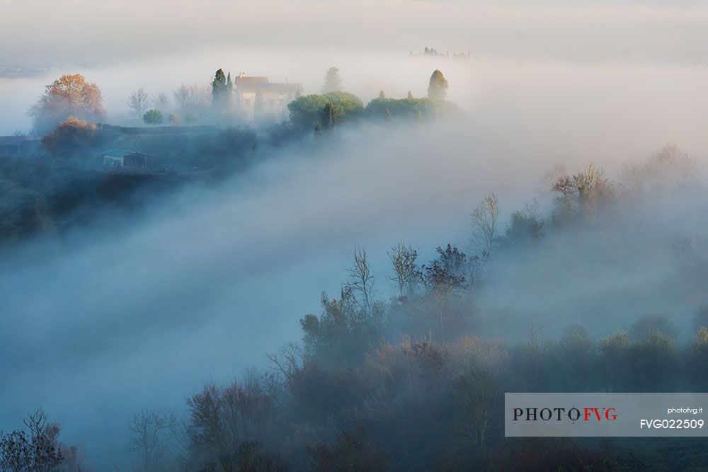 Sunrise on the hills of San Miniato village, Tuscany, Italia