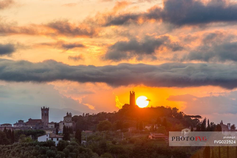 Sunset on the hills of San Miniato with Matilde and Federico II towers, Tuscany, Italy