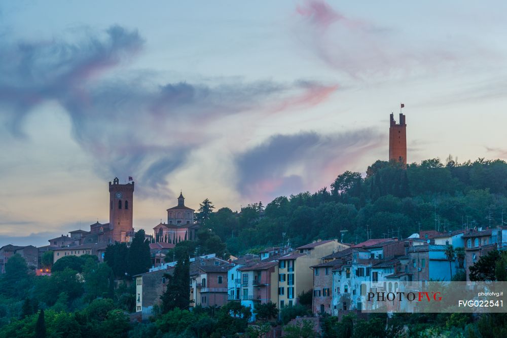 Twilight on the hills of San Miniato with Matilde and Federico II towers illuminated, Tuscany, Italy