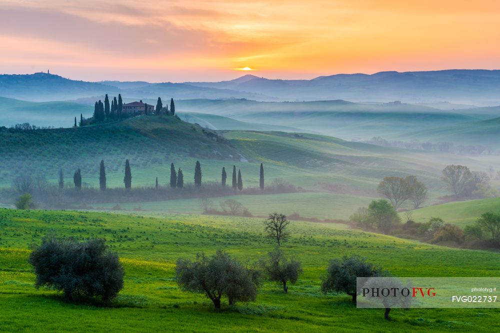 Sunrise on the hills of Tuscany, Orcia valley, Italy