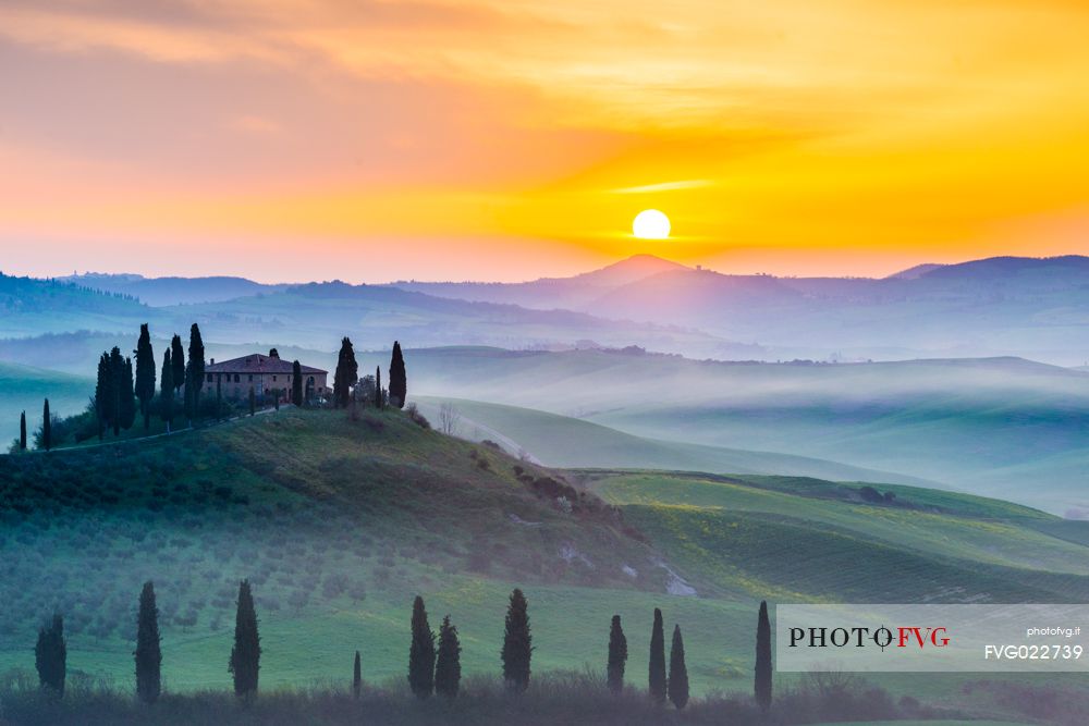 Sunrise on the hills of Tuscany, Orcia valley, Italy