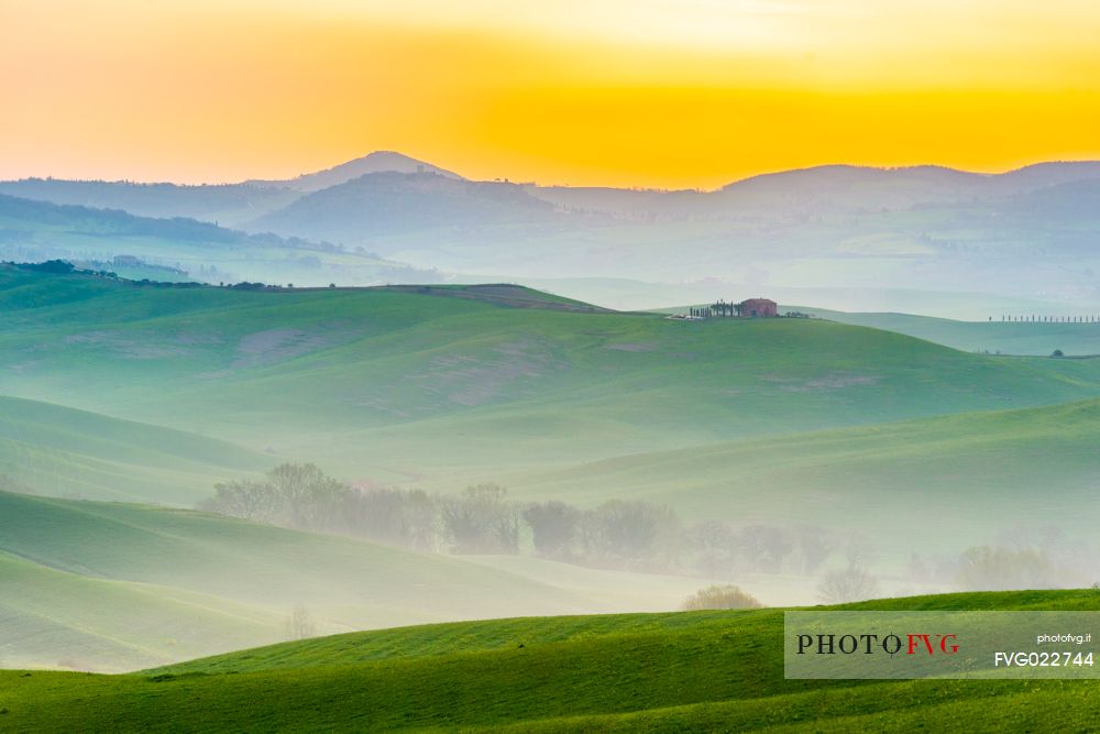 Sunrise on the hills of Tuscany, Orcia valley, Italy