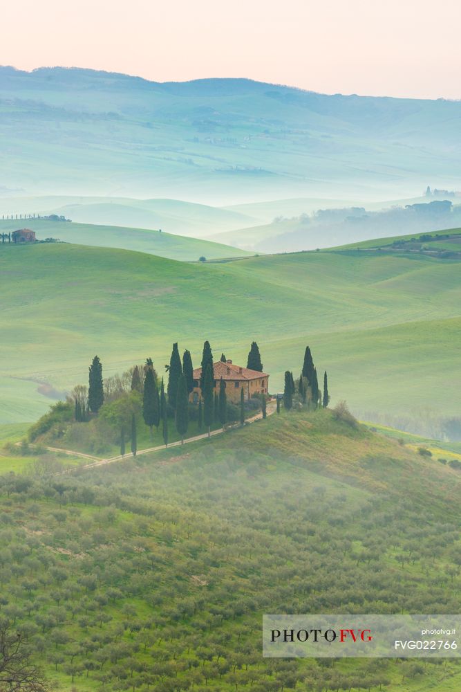 Sunrise on the hills of Tuscany, Orcia valley, Italy