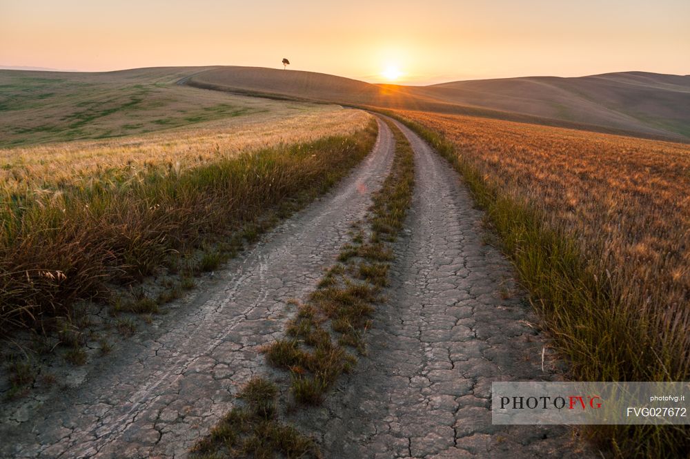 Sunrise in the Crete Senesi landscape, Orcia valley, Tuscany, Italy