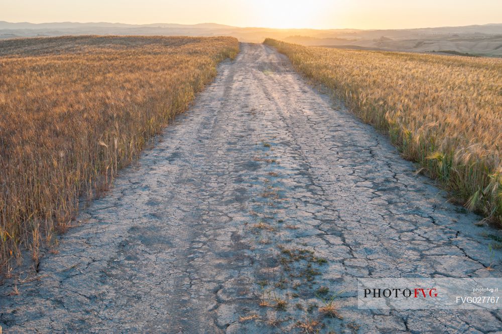 Sunrise in the Crete Senesi landscape, Orcia valley, Tuscany, Italy