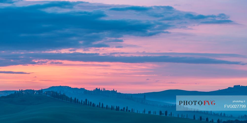 Crete Senesi landscape at twilight, Orcia valley, Tuscany, Italy