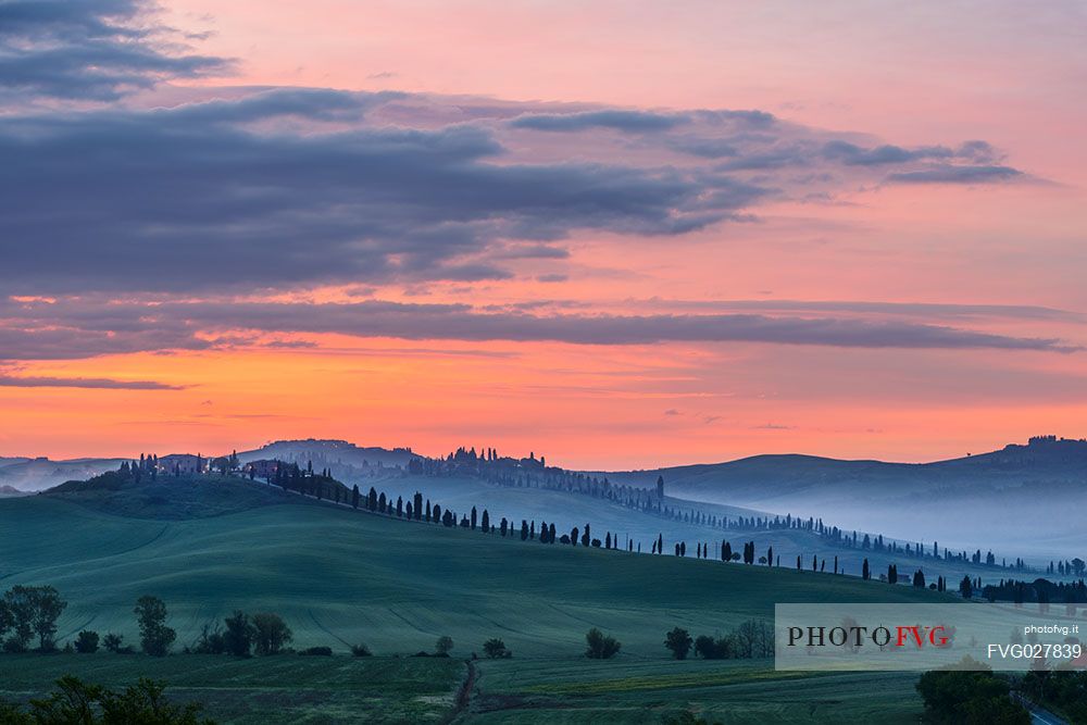 Crete Senesi landscape at twilight, Orcia valley, Tuscany, Italy