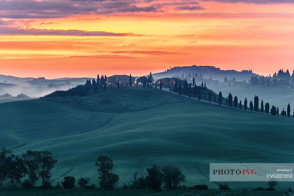 Crete Senesi landscape at twilight, Orcia valley, Tuscany, Italy