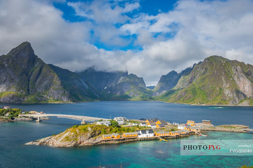 Overview of Reine village and the bridge, Lofoten Islands, Norway