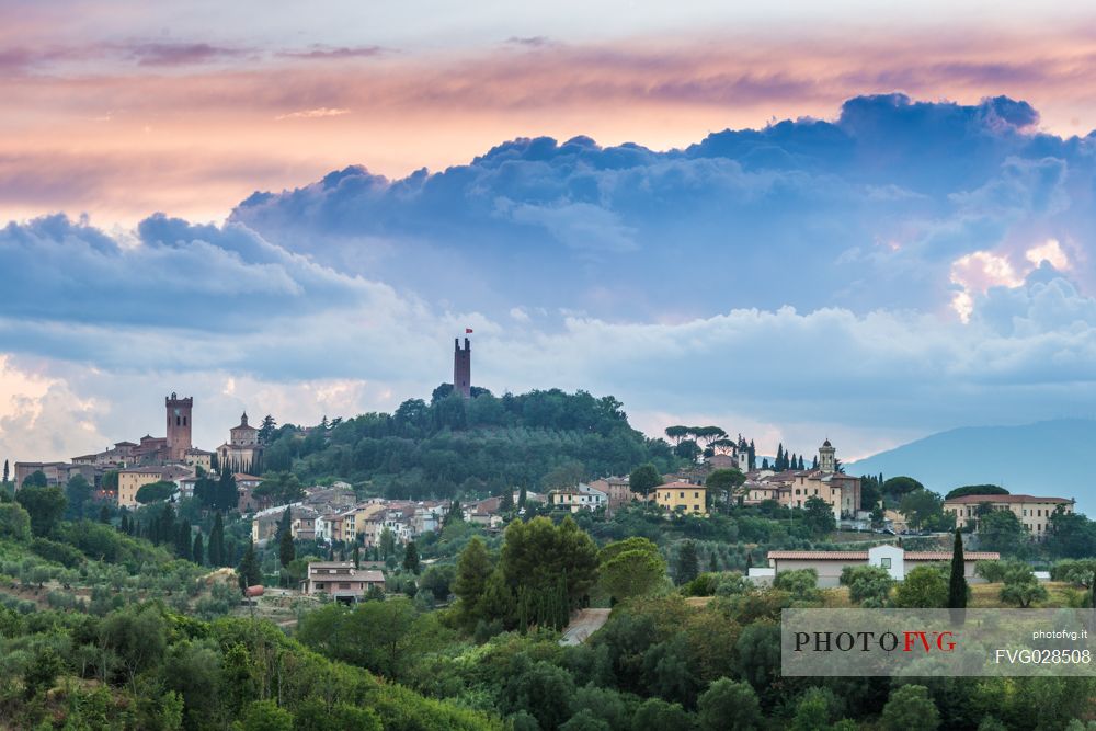 Sunset on the hills of San Miniato with Matilde and Federico II towers, Tuscany, Italy