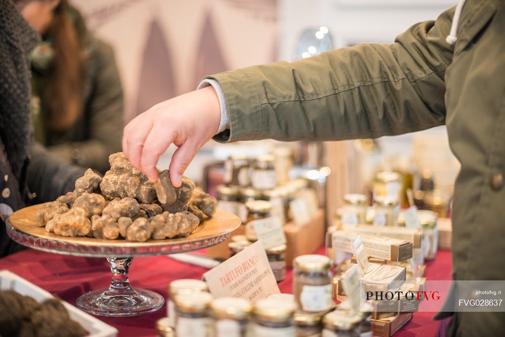 White truffles and truffle products during the truffle exhibition in San Miniato village, Tuscany, Italy