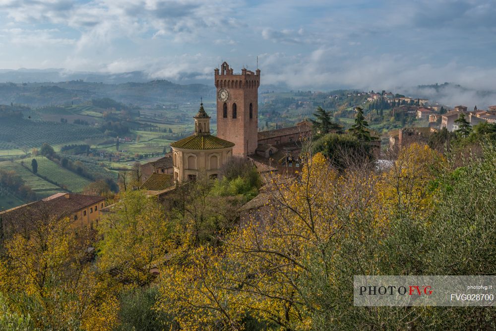 Torre di Matilde and belfry of cathedral in San Miniato village, Tuscany, Italy