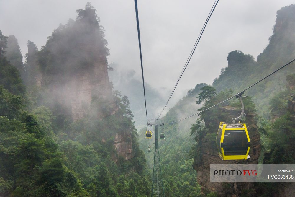 Cableway with mist in Tianmen or Tianzi mountain in the Zhangjiajie National Forest Park, Hunan, China