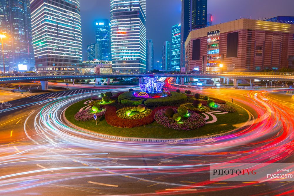 Night view of a road in Lujiazui New Financial District of Shanghai city, China