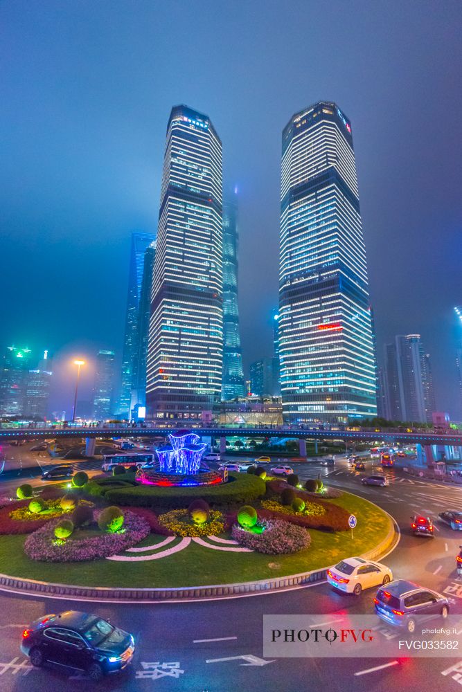 Night view of a road in Lujiazui New Financial District of Shanghai city, China