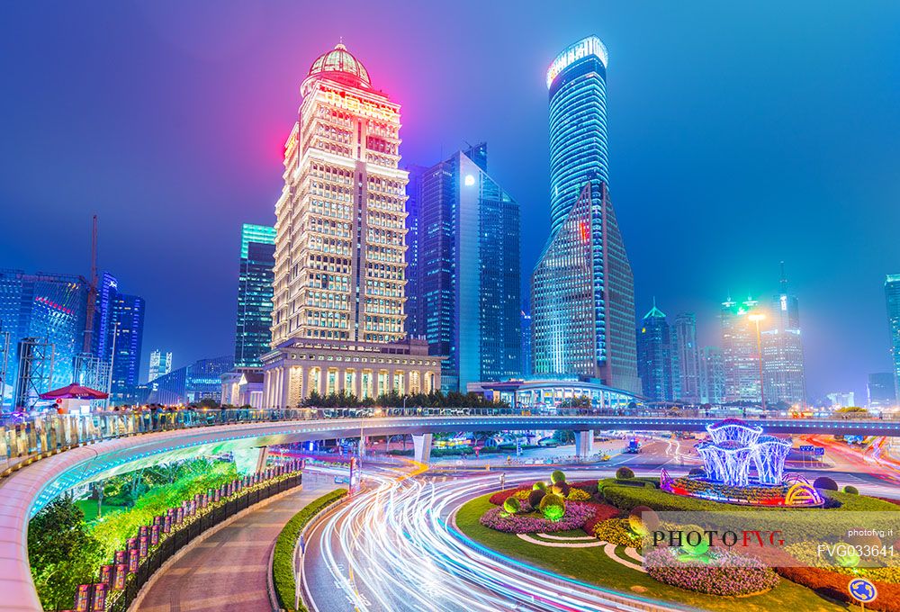 Night view of a road in Lujiazui New Financial District of Shanghai city, China