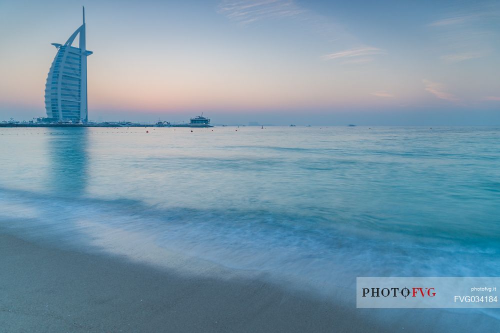 Burj Al Arab Hotel and Jumeirah beach at twilight, Dubai, United Arab Emirates, Asia