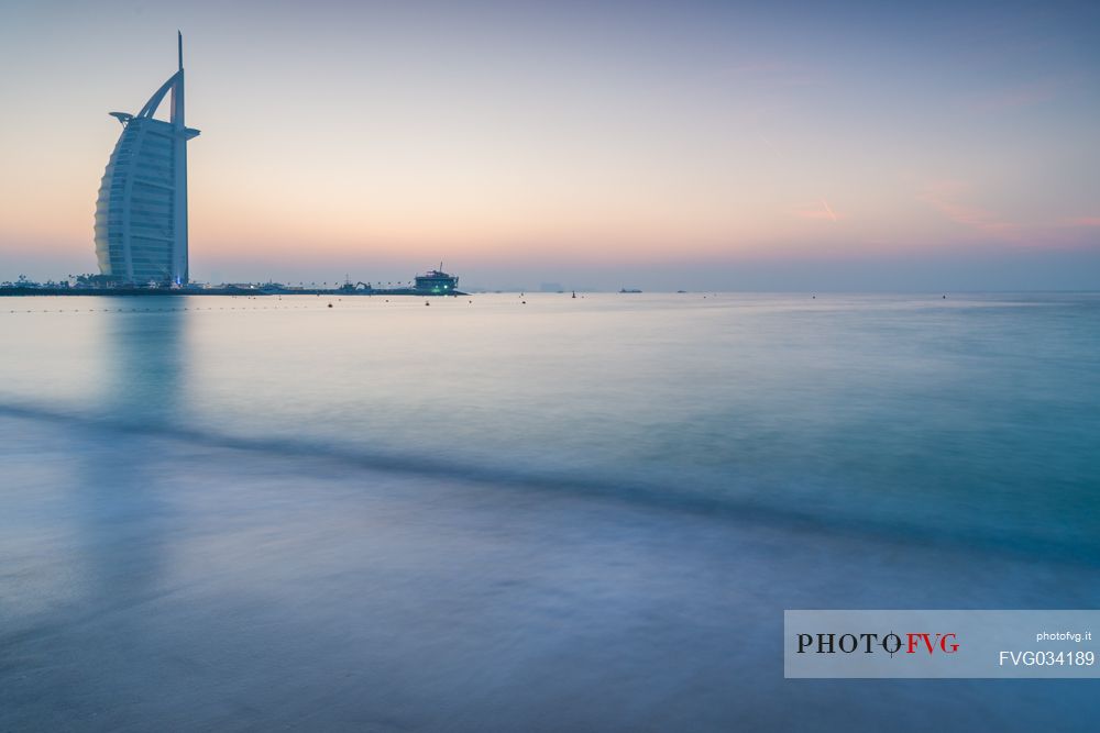 Burj Al Arab Hotel and Jumeirah beach at twilight, Dubai, United Arab Emirates, Asia