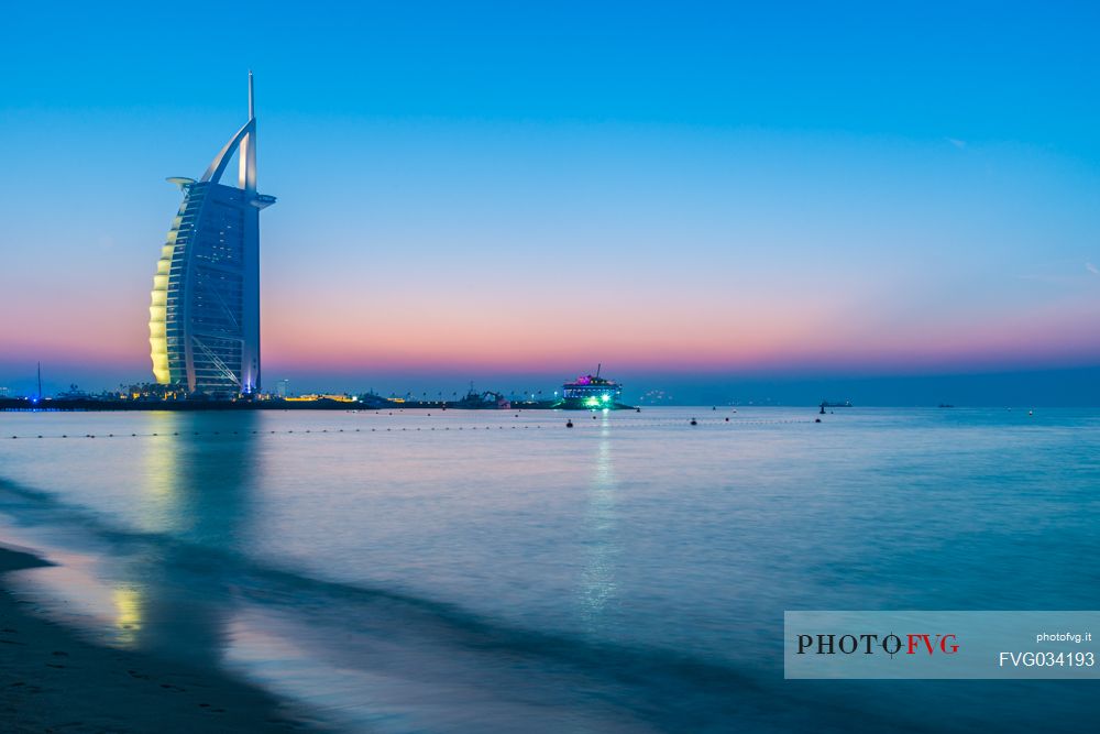 Burj Al Arab Hotel and Jumeirah beach at twilight, Dubai, United Arab Emirates, Asia