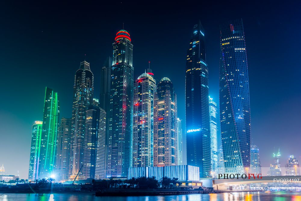Skyscrapers of Dubai Marina by night, Dubai city, United Arab Emirates, Asia