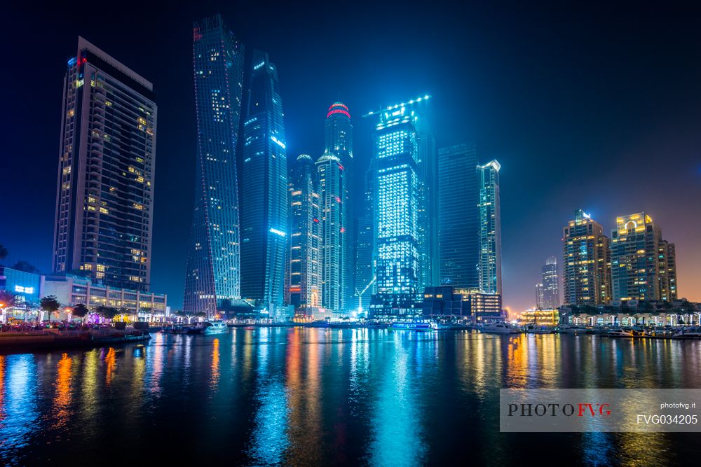 Skyscrapers of Dubai Marina by night, Dubai city, United Arab Emirates, Asia