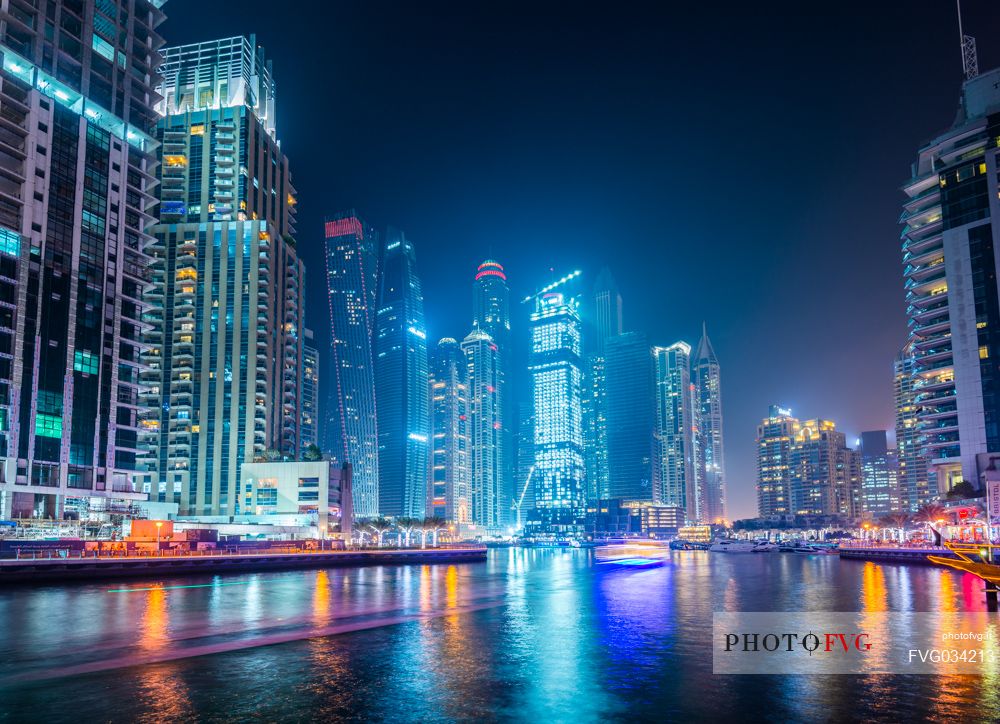 Skyscrapers of Dubai Marina by night, Dubai city, United Arab Emirates, Asia