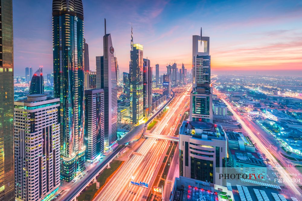 High Rises on Sheikh Zayed Road at twilight, Downtown Dubai, Emirate of Dubai, UAE, Asia