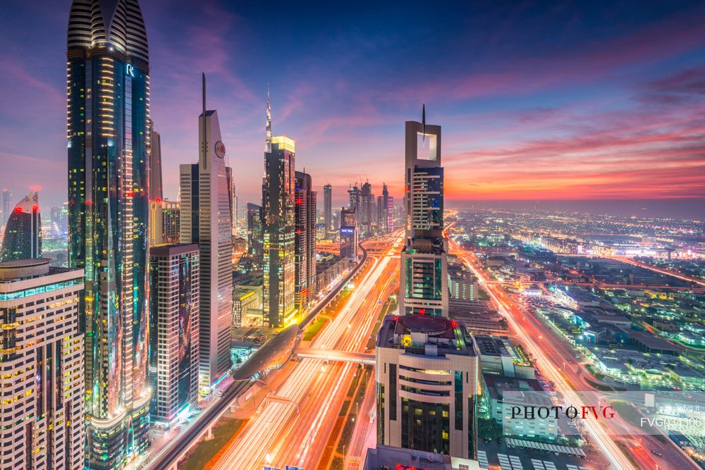 High Rises on Sheikh Zayed Road at twilight, Downtown Dubai, Emirate of Dubai, UAE, Asia