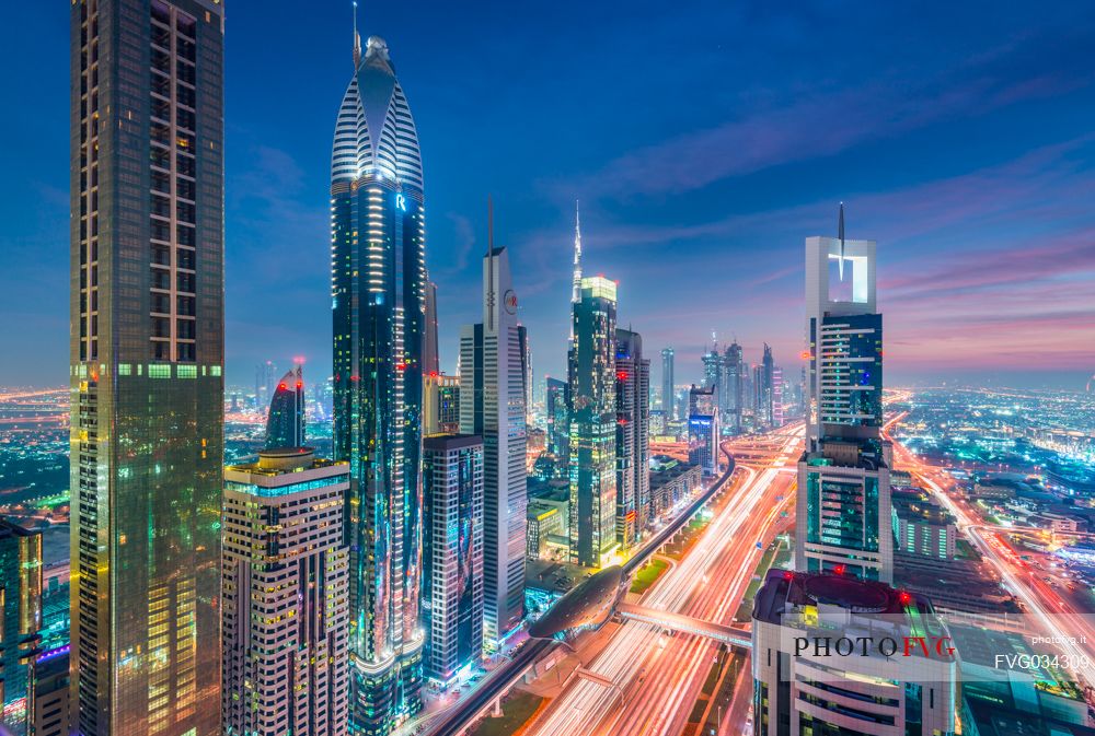 High Rises on Sheikh Zayed Road at twilight, Downtown Dubai, Emirate of Dubai, UAE, Asia