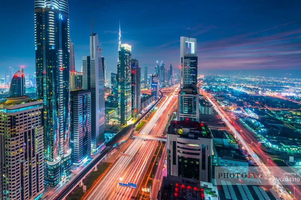 High Rises on Sheikh Zayed Road at twilight, Downtown Dubai, Emirate of Dubai, UAE, Asia