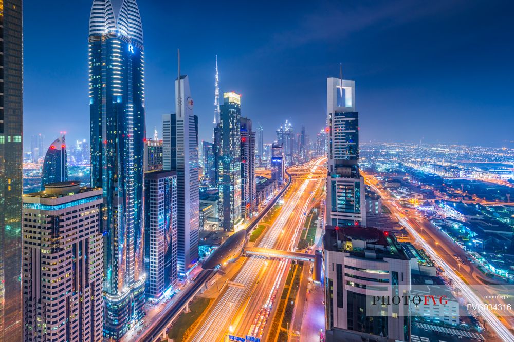 High Rises on Sheikh Zayed Road at twilight, Downtown Dubai, Emirate of Dubai, UAE, Asia