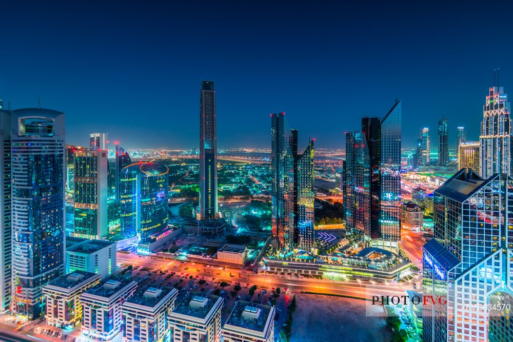 Night view of High Rises on Sheikh Zayed Road, Downtown Dubai, Emirate of Dubai, UAE, Asia