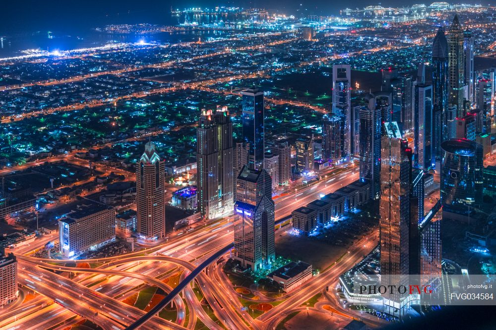 View from the top panoramic platform on Burj Khalifa across Sheikh Zayed Road in the nigh, Downtown Dubai, Emirate of Dubai, UAE, Asia