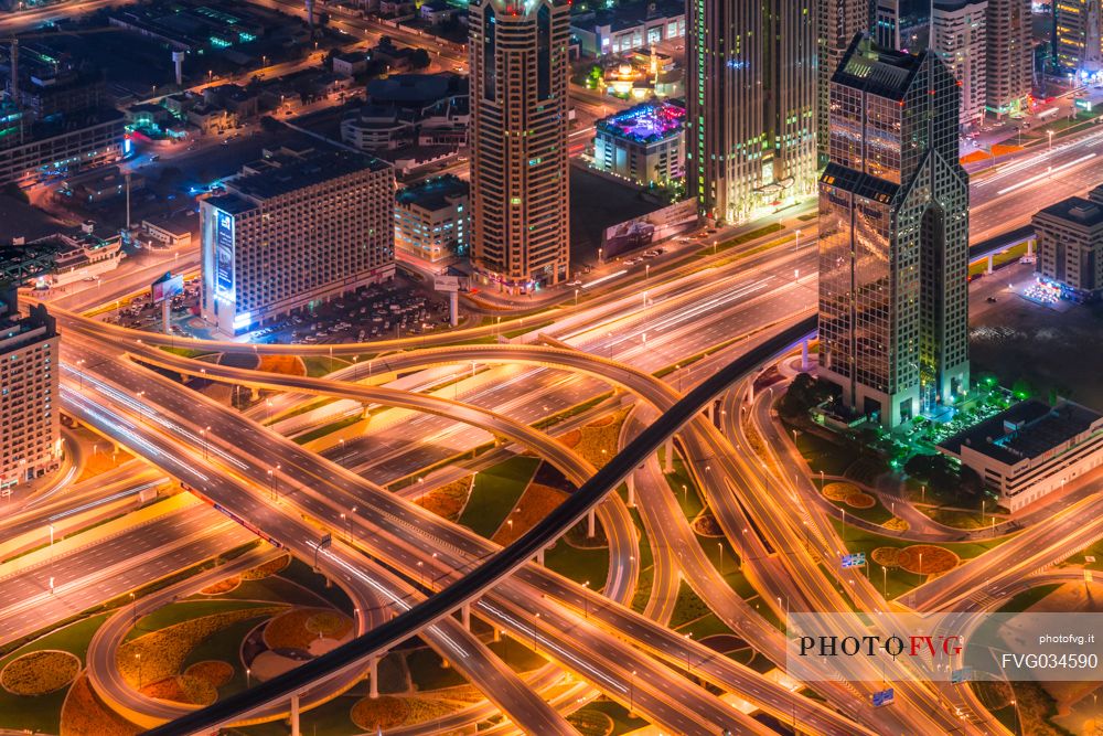 View from the top panoramic platform on Burj Khalifa across Sheikh Zayed Road in the nigh, Downtown Dubai, Emirate of Dubai, UAE, Asia