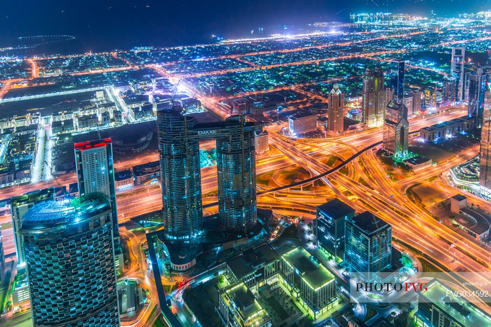 View from the top panoramic platform on Burj Khalifa across Sheikh Zayed Road in the nigh, Downtown Dubai, Emirate of Dubai, UAE, Asia