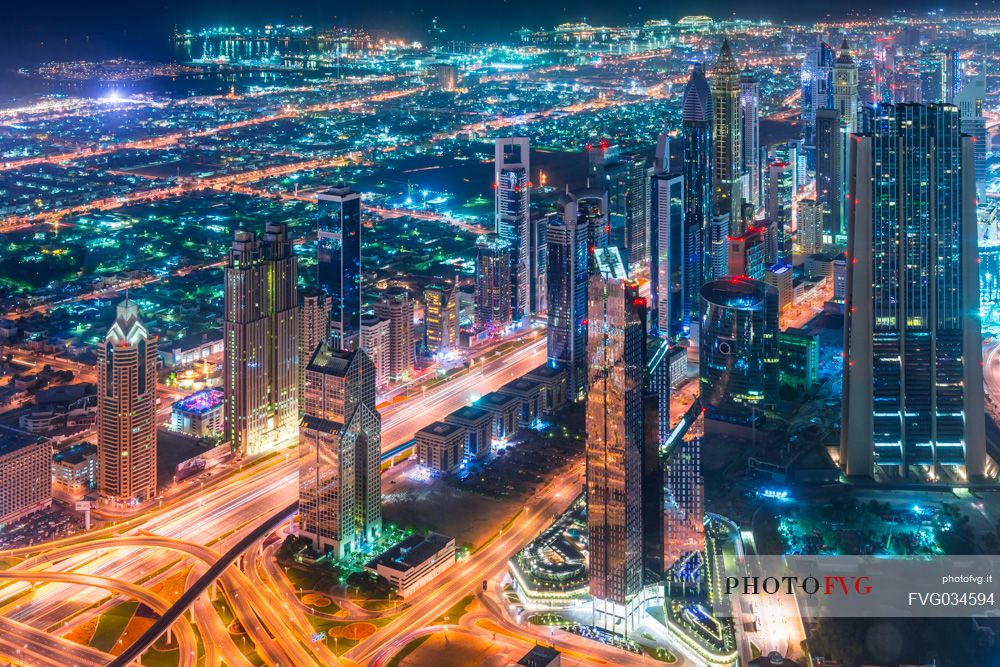 View from the top panoramic platform on Burj Khalifa across Sheikh Zayed Road in the nigh, Downtown Dubai, Emirate of Dubai, UAE, Asia