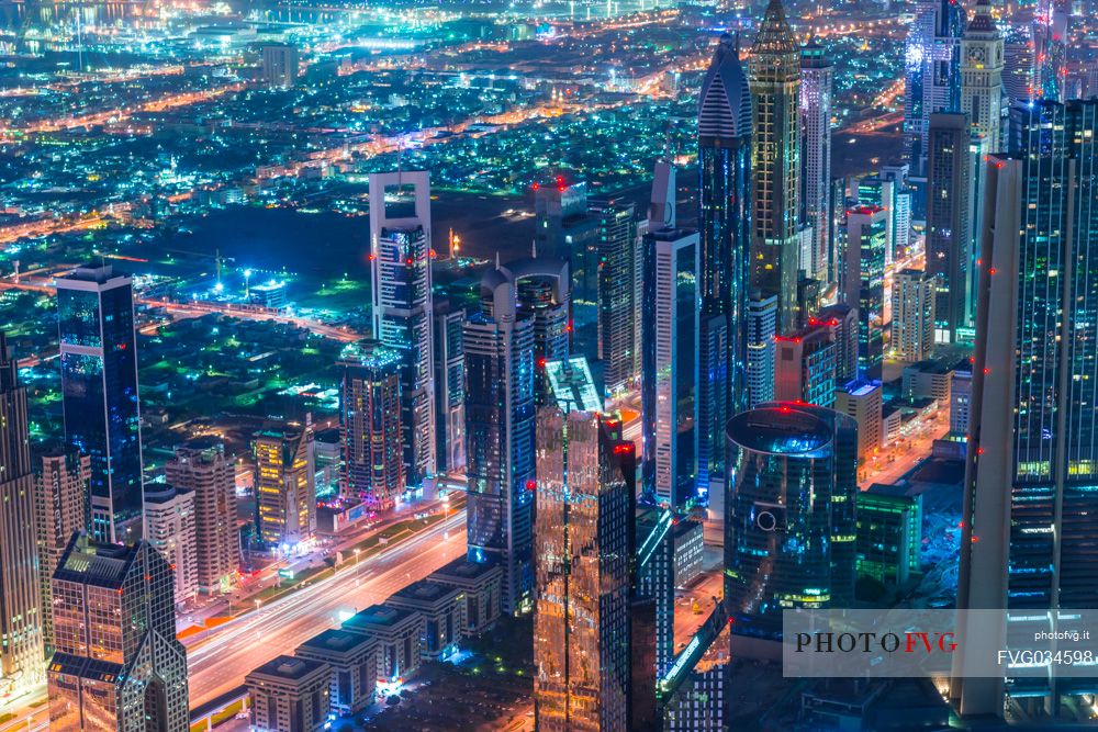 View from the top panoramic platform on Burj Khalifa across Sheikh Zayed Road in the nigh, Downtown Dubai, Emirate of Dubai, UAE, Asia