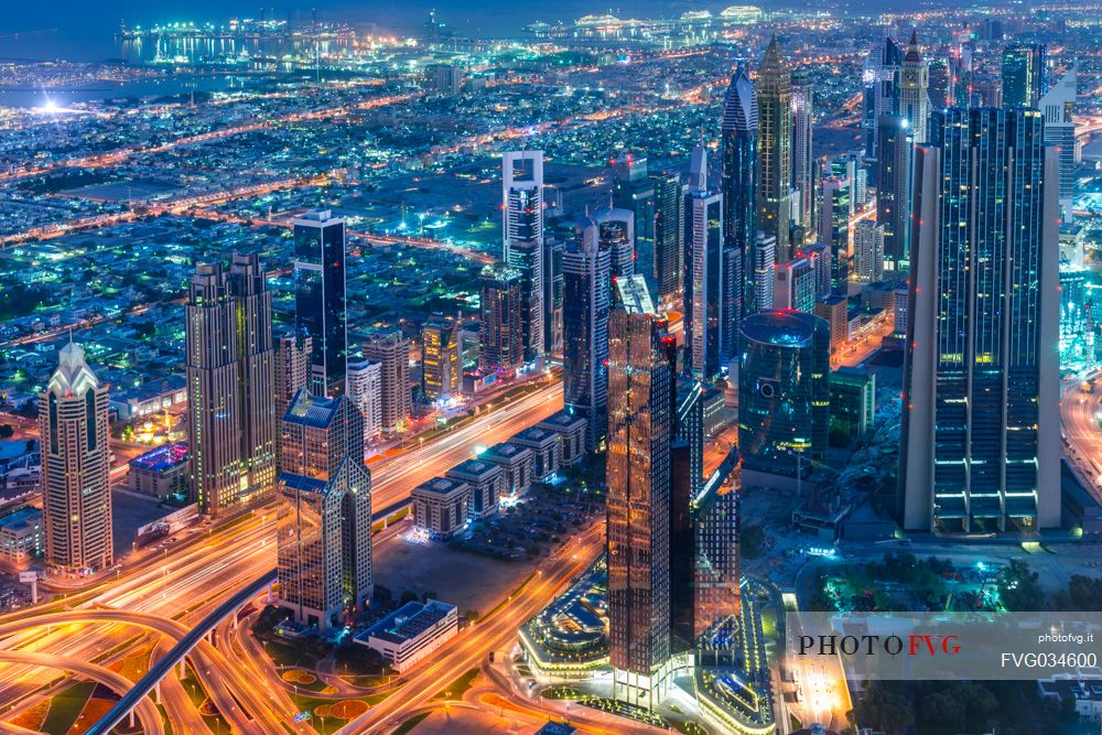 View from the top panoramic platform on Burj Khalifa across Sheikh Zayed Road in the nigh, Downtown Dubai, Emirate of Dubai, UAE, Asia