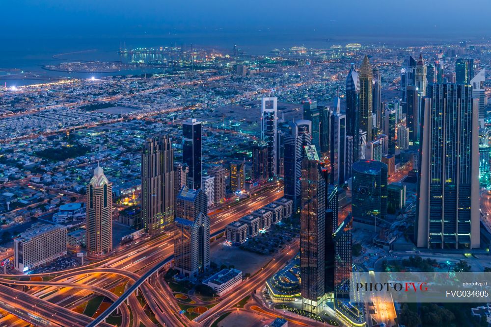 View from the top panoramic platform on Burj Khalifa across Sheikh Zayed Road in the nigh, Downtown Dubai, Emirate of Dubai, UAE, Asia