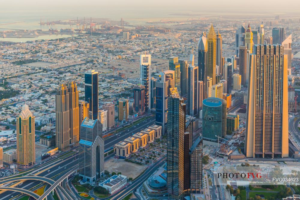 Sunrise from the top panoramic platform on Burj Khalifa across Sheikh Zayed Road and the high rises, Downtown Dubai, Emirate of Dubai, UAE, Asia