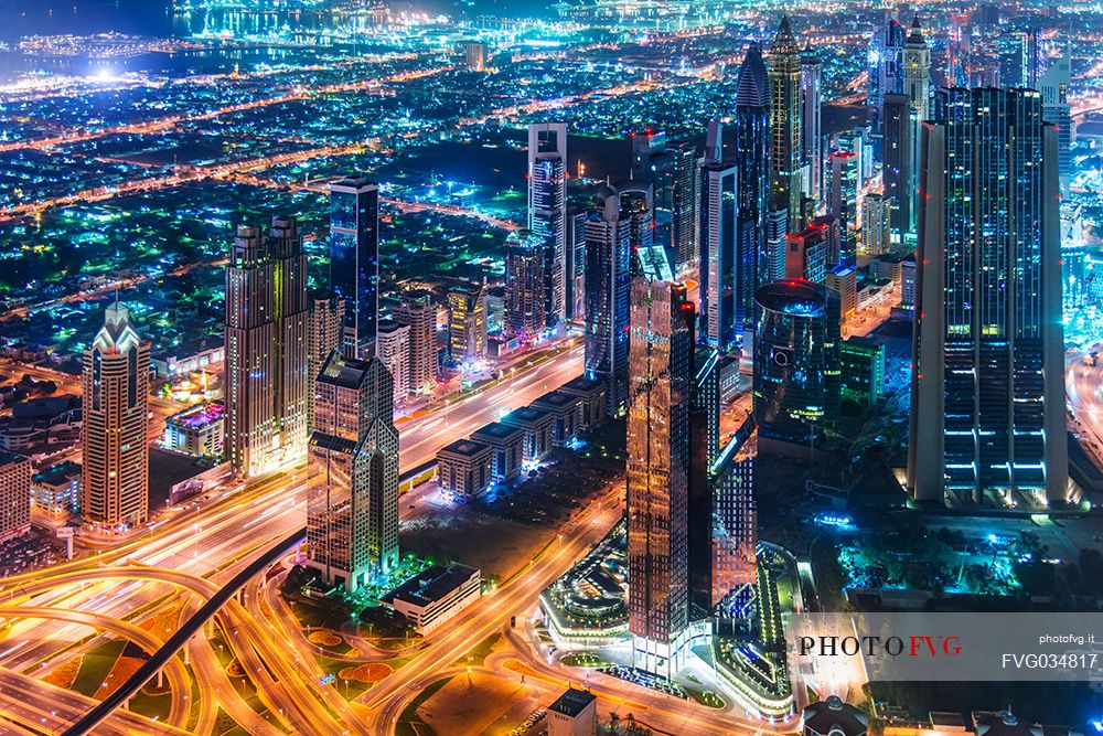 View from the top panoramic platform on Burj Khalifa across Sheikh Zayed Road in the nigh, Downtown Dubai, Emirate of Dubai, UAE, Asia