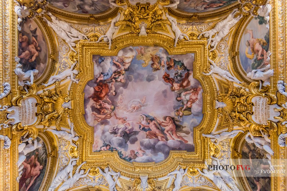 Detail of the the baroque vault inside Palazzo Pitti museum, Oltrarno, Santo Spirito, Florence, , Tuscany, Italy, Europe