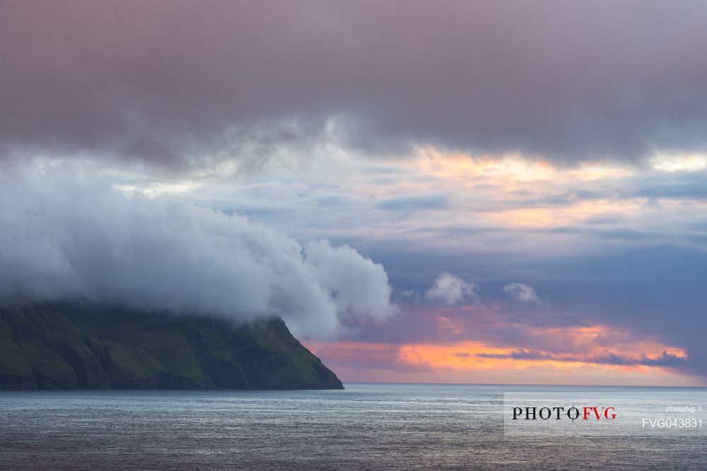 Mykines Island in a misty day, Faeroe islands, Denmark, Europe