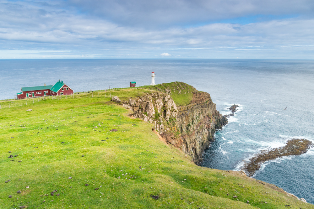 Akraberg Lighthouse near Sumba village, Suuroy island, Faeroe Islands, Denmark, Europe