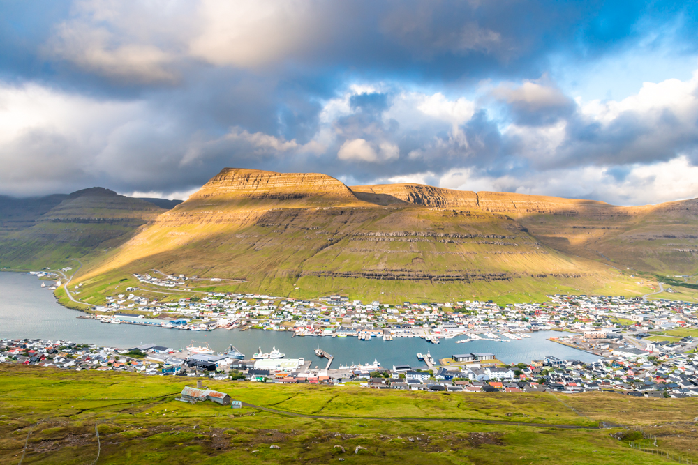 Tre Klaksvik fishing village from Klakkur viewpoint, Bordoy Island, Faeroe islands, Denmark, Europe