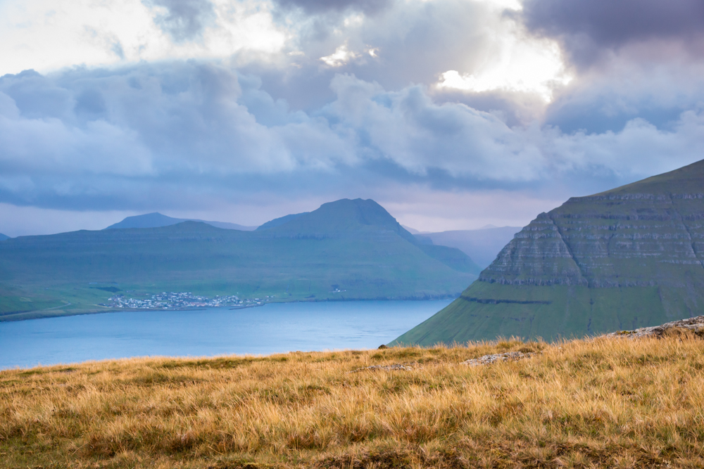 Remote village from Klakkur viewpoint, Bordoy Island, Faeroe islands, Denmark, Europe