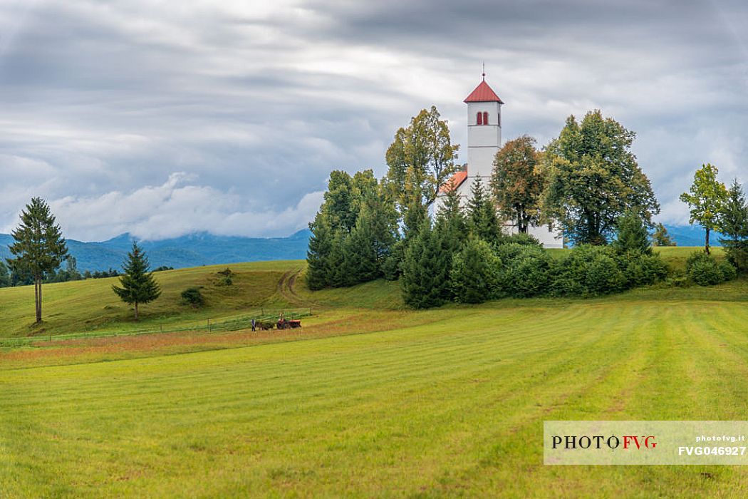 Iconic church in the rural landscape of Cerknica, Slovenia, Europe