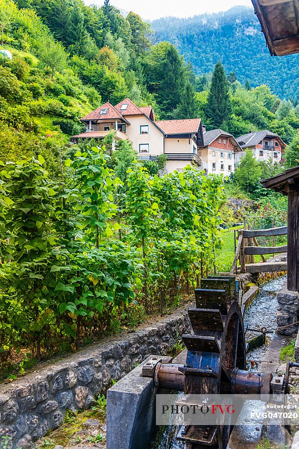 Old watermill and typical houses in the village of Kropa, Radovljica, Slovenia, Europe